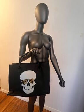 Black Tote Bag with White Skull Graphic